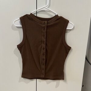 Brown Sleeveless Button-Up Top